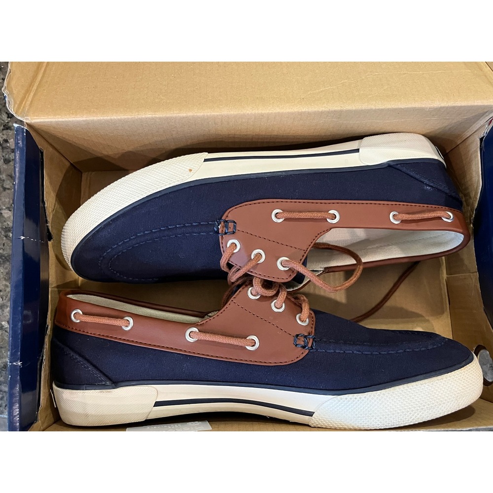 Polo Ralph Lauren Franz Mens Boat Shoes Navy Blue Brown Canvas Loafers Size 9D - Picture 9 of 10